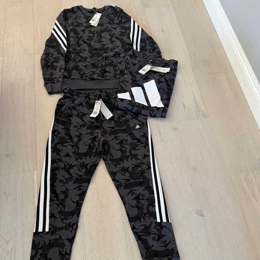 New Adult Adidas Black and Gray Camouflage sweatsuit set with White Stripes